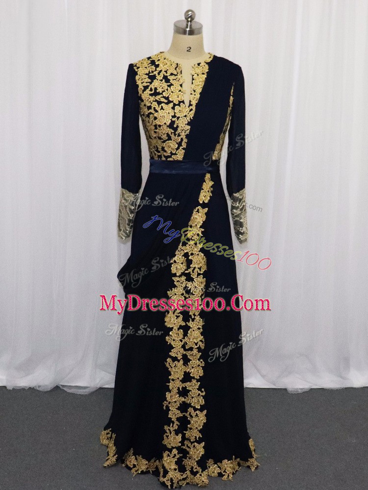 Floor Length Navy Blue Dress for Prom Scoop Long Sleeves Zipper