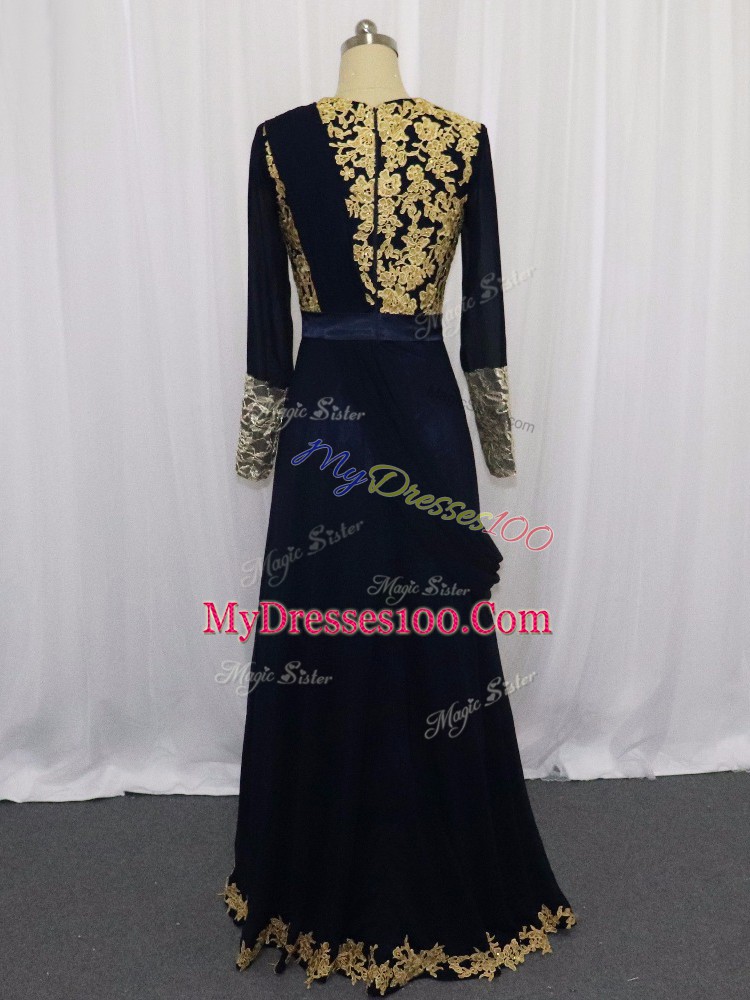 Floor Length Navy Blue Dress for Prom Scoop Long Sleeves Zipper