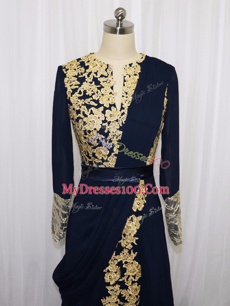 Floor Length Navy Blue Dress for Prom Scoop Long Sleeves Zipper