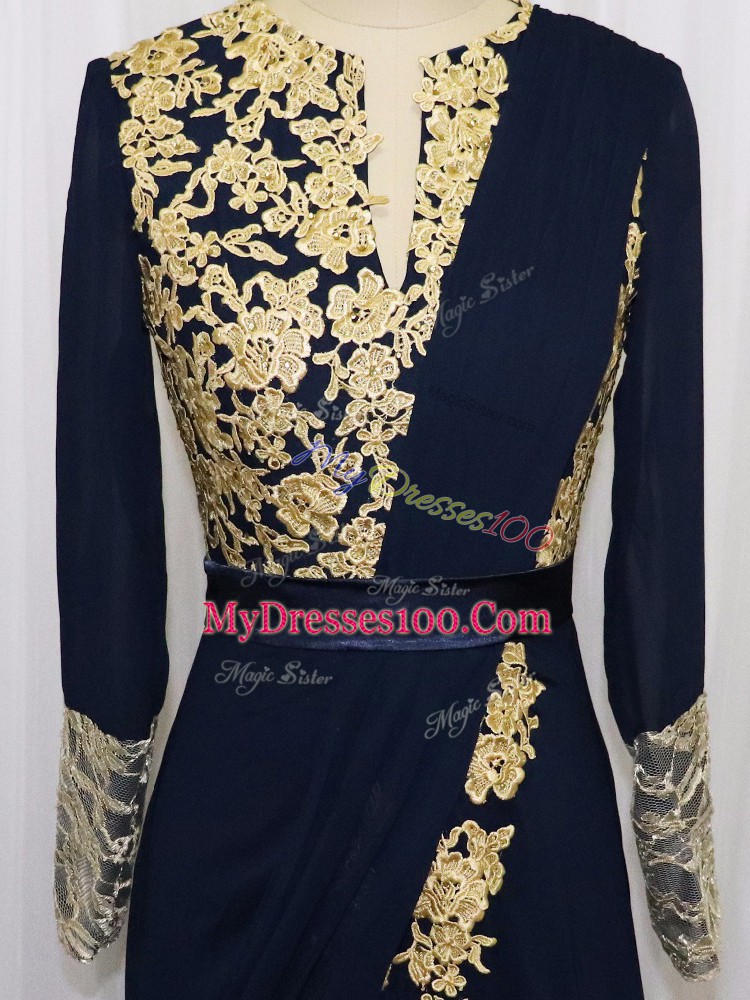 Floor Length Navy Blue Dress for Prom Scoop Long Sleeves Zipper