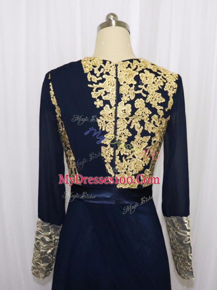 Floor Length Navy Blue Dress for Prom Scoop Long Sleeves Zipper