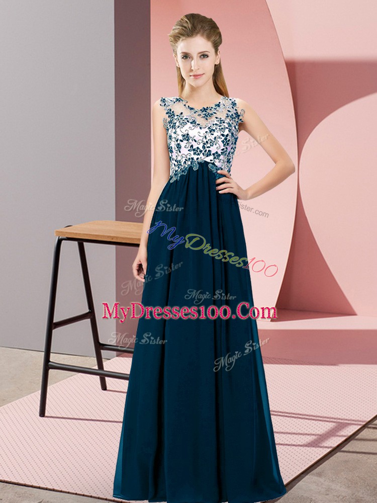 Chiffon Scoop Sleeveless Zipper Beading and Appliques Wedding Guest Dresses in Navy Blue