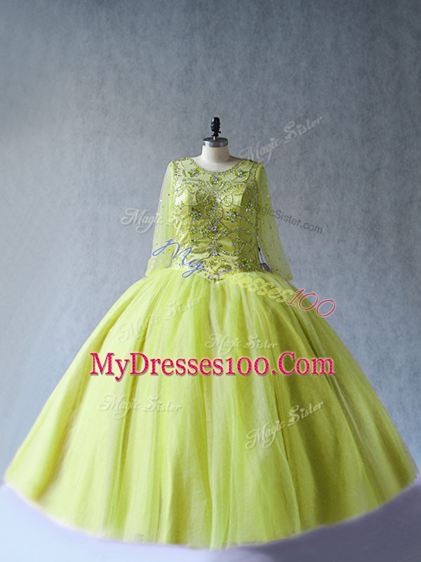 Yellow Green Long Sleeves Floor Length Beading Lace Up Sweet 16 Dress