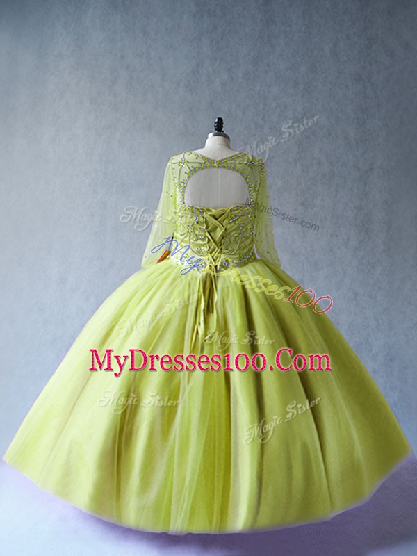 Yellow Green Long Sleeves Floor Length Beading Lace Up Sweet 16 Dress