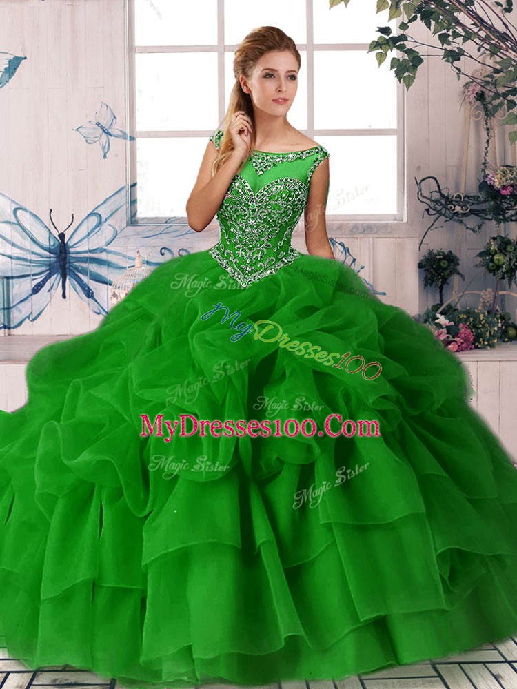 Wonderful Green Zipper 15 Quinceanera Dress Beading and Pick Ups Sleeveless Brush Train