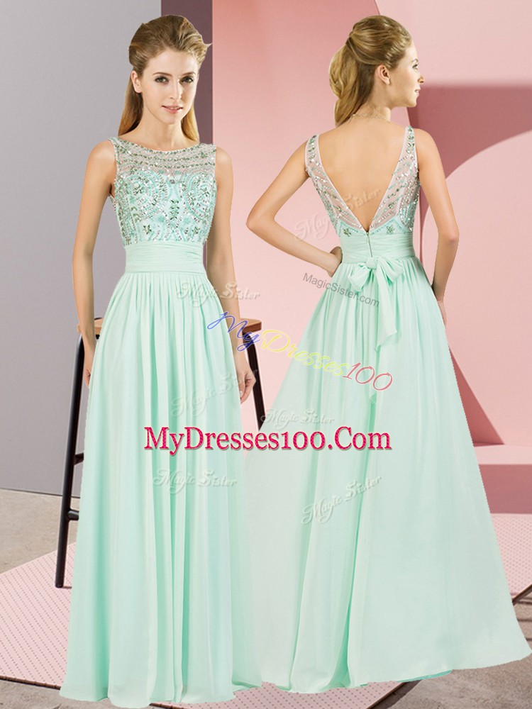 Adorable Sleeveless Chiffon Floor Length Backless Prom Dress in Apple Green with Beading