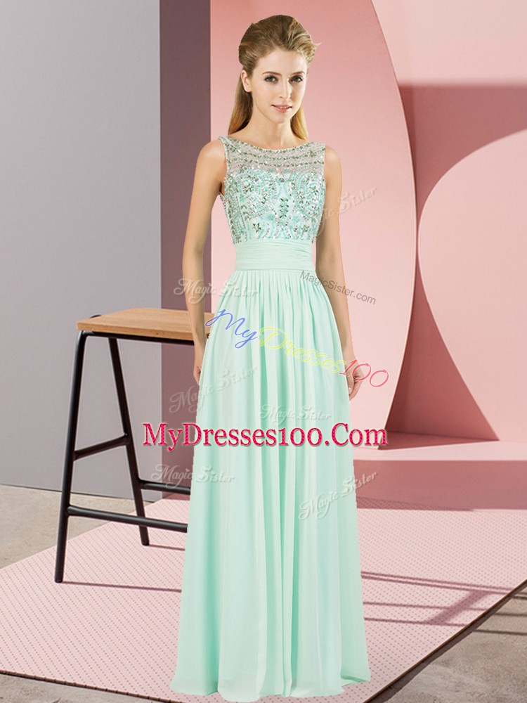 Adorable Sleeveless Chiffon Floor Length Backless Prom Dress in Apple Green with Beading