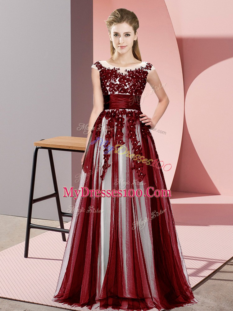 Suitable Burgundy Empire Tulle Scoop Sleeveless Beading and Lace Floor Length Zipper Damas Dress