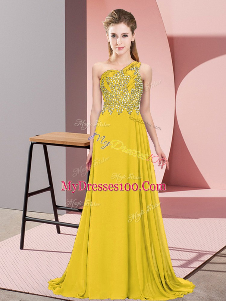 Gold Chiffon Side Zipper One Shoulder Sleeveless Floor Length Homecoming Dress Beading