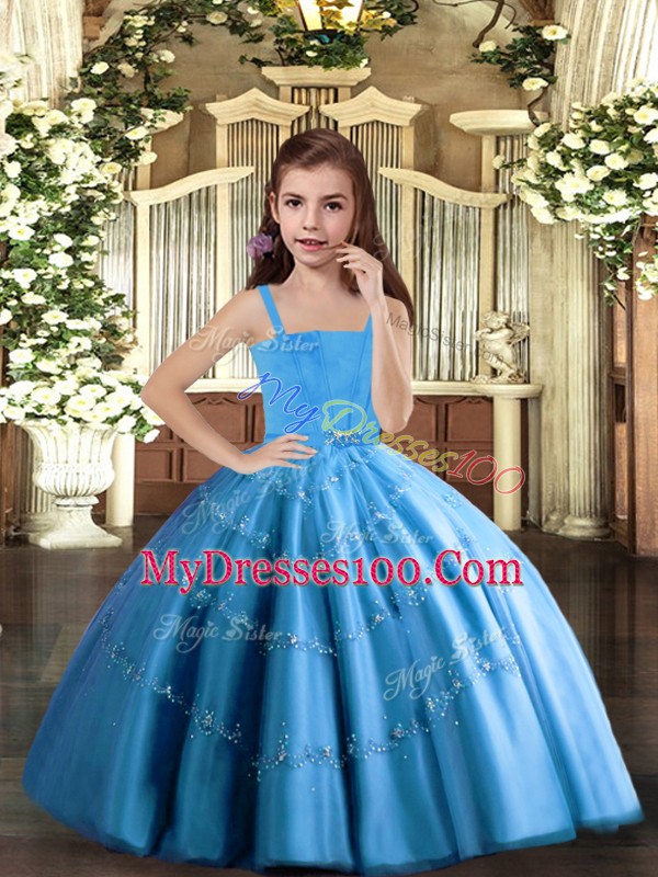 Super Baby Blue Sleeveless Beading Floor Length Little Girl Pageant Dress