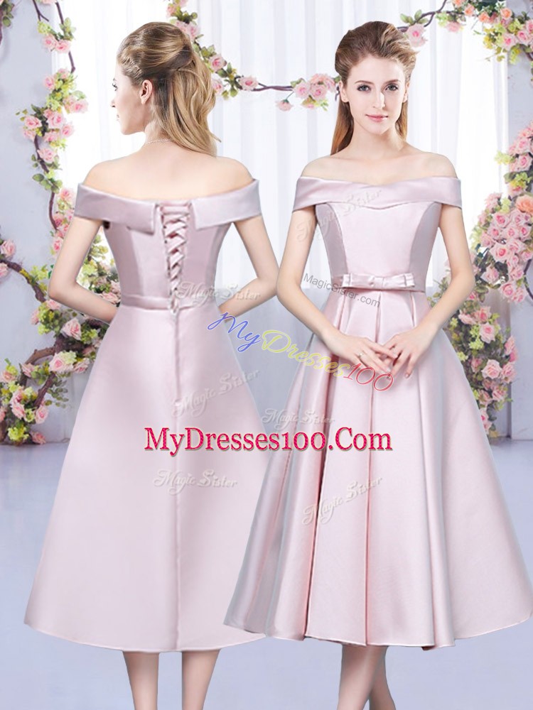 Off The Shoulder Sleeveless Lace Up Wedding Party Dress Baby Pink Satin