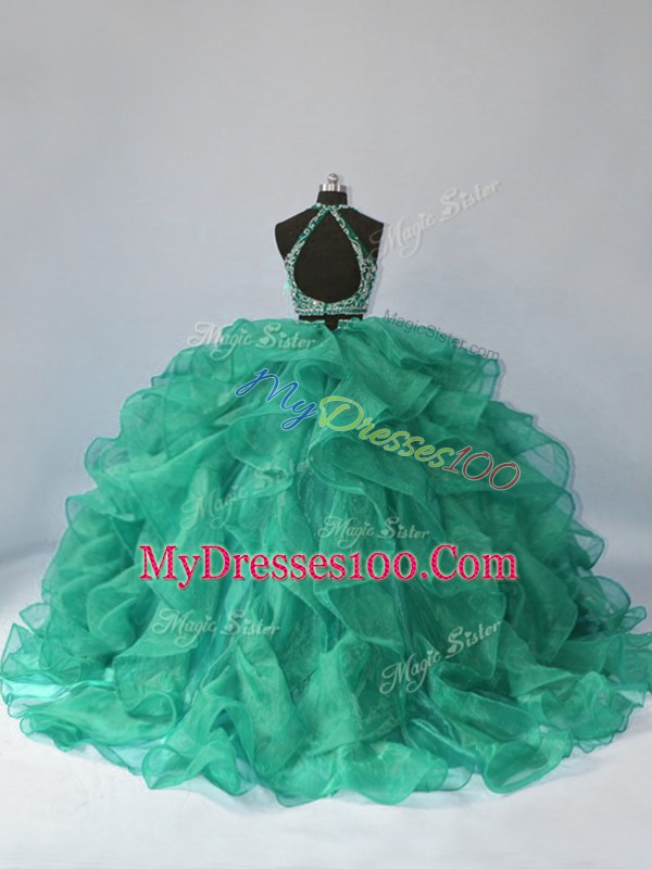 Noble Sleeveless Brush Train Beading and Ruffles Backless 15th Birthday Dress