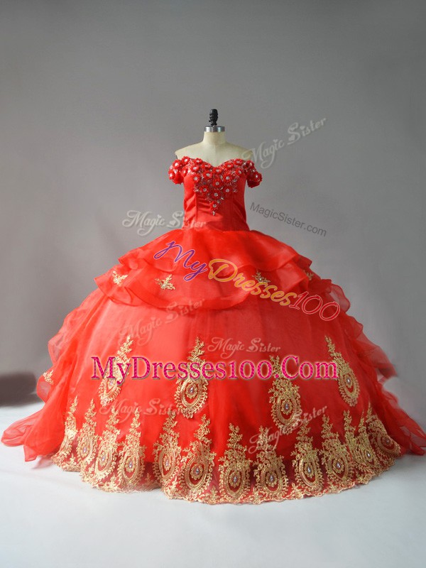 Red Sleeveless Organza Court Train Lace Up Quince Ball Gowns for Sweet 16 and Quinceanera