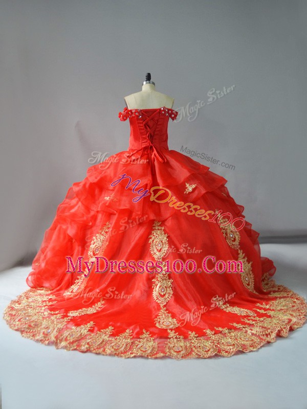 Red Sleeveless Organza Court Train Lace Up Quince Ball Gowns for Sweet 16 and Quinceanera
