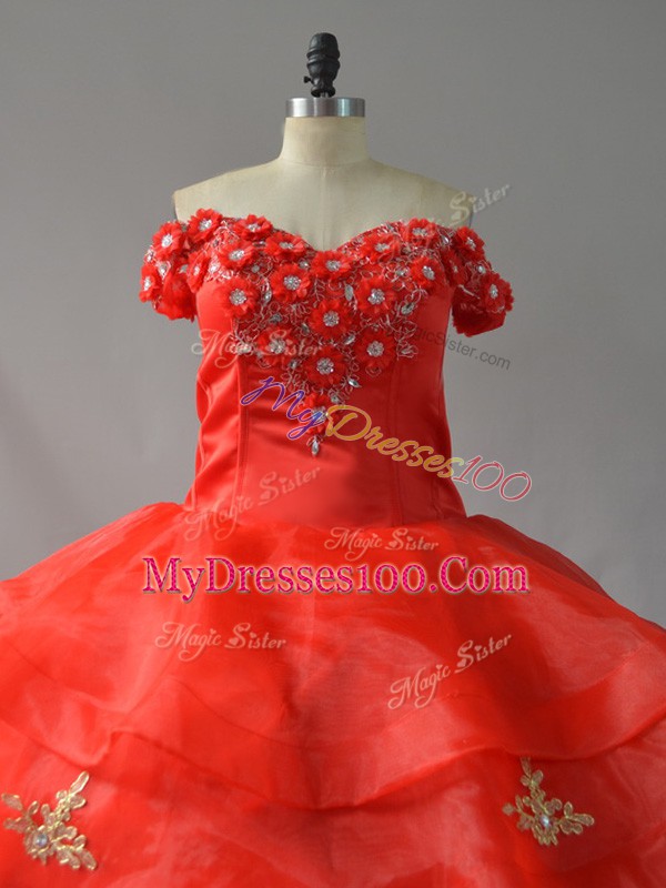 Red Sleeveless Organza Court Train Lace Up Quince Ball Gowns for Sweet 16 and Quinceanera