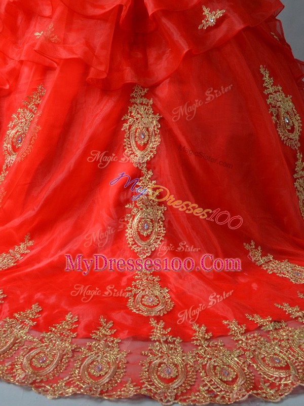 Red Sleeveless Organza Court Train Lace Up Quince Ball Gowns for Sweet 16 and Quinceanera