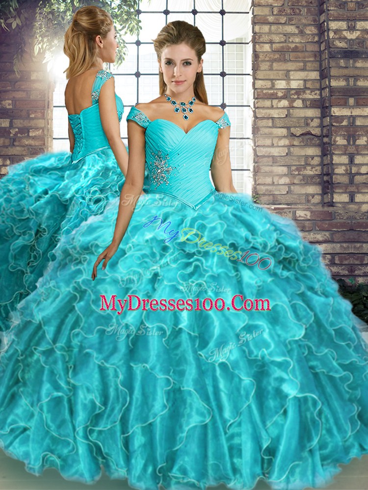 Beautiful Sleeveless Beading and Ruffles Lace Up Vestidos de Quinceanera with Aqua Blue Brush Train