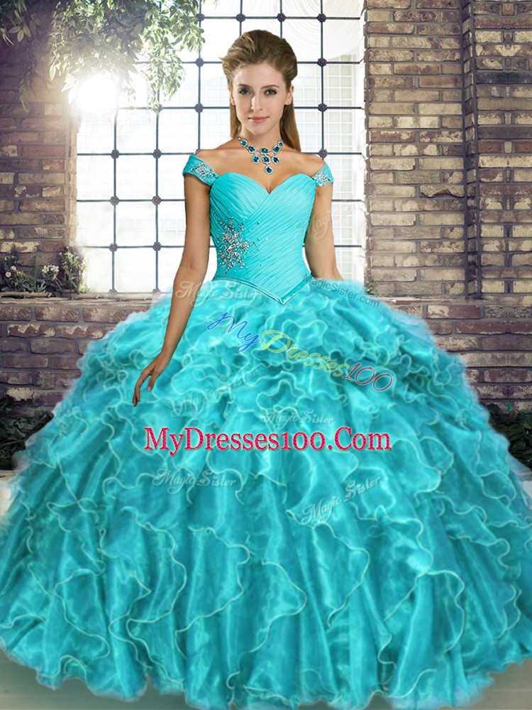Beautiful Sleeveless Beading and Ruffles Lace Up Vestidos de Quinceanera with Aqua Blue Brush Train