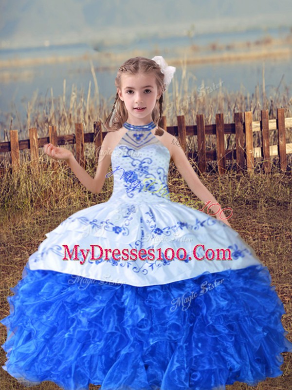 Beauteous Ball Gowns Kids Formal Wear Blue And White Halter Top Organza Sleeveless Floor Length Lace Up