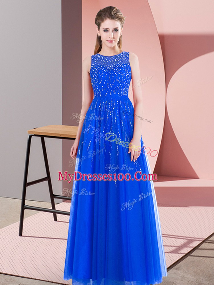 Cheap Sleeveless Tulle Floor Length Side Zipper Homecoming Dress in Blue with Beading