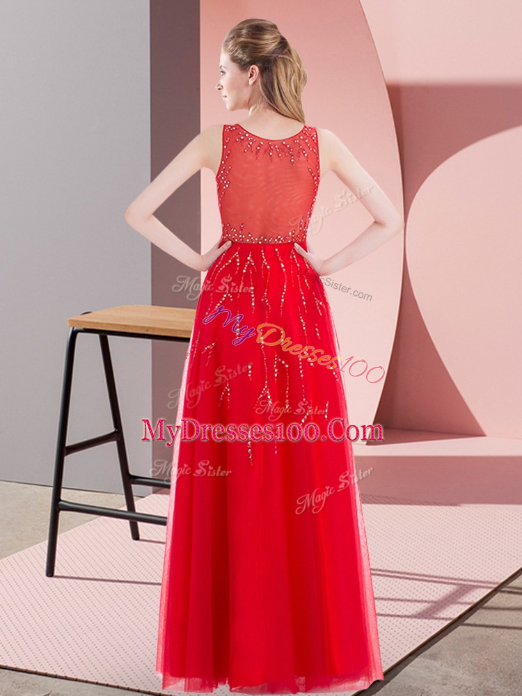 Cheap Sleeveless Tulle Floor Length Side Zipper Homecoming Dress in Blue with Beading