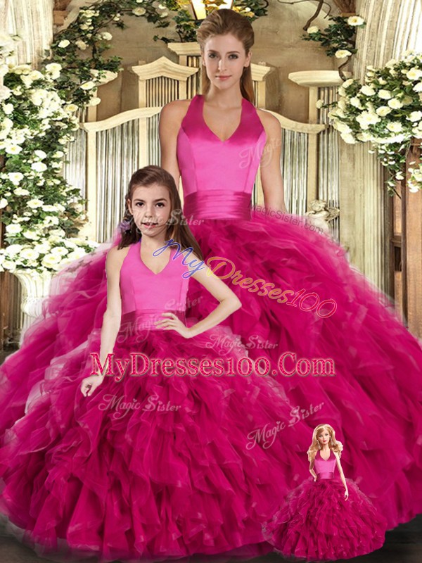 Fuchsia Ball Gowns Tulle Halter Top Sleeveless Ruffles Floor Length Lace Up Sweet 16 Dresses
