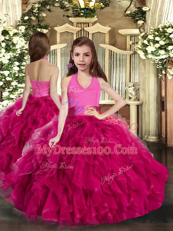 Fuchsia Ball Gowns Tulle Halter Top Sleeveless Ruffles Floor Length Lace Up Sweet 16 Dresses