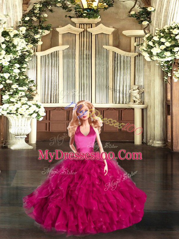 Fuchsia Ball Gowns Tulle Halter Top Sleeveless Ruffles Floor Length Lace Up Sweet 16 Dresses