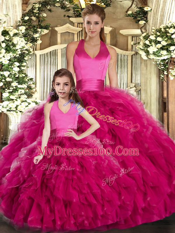 Fuchsia Ball Gowns Tulle Halter Top Sleeveless Ruffles Floor Length Lace Up Sweet 16 Dresses