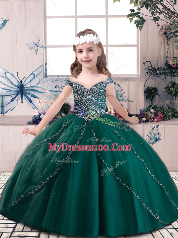 Sleeveless Floor Length Beading Lace Up Little Girl Pageant Gowns with Dark Green