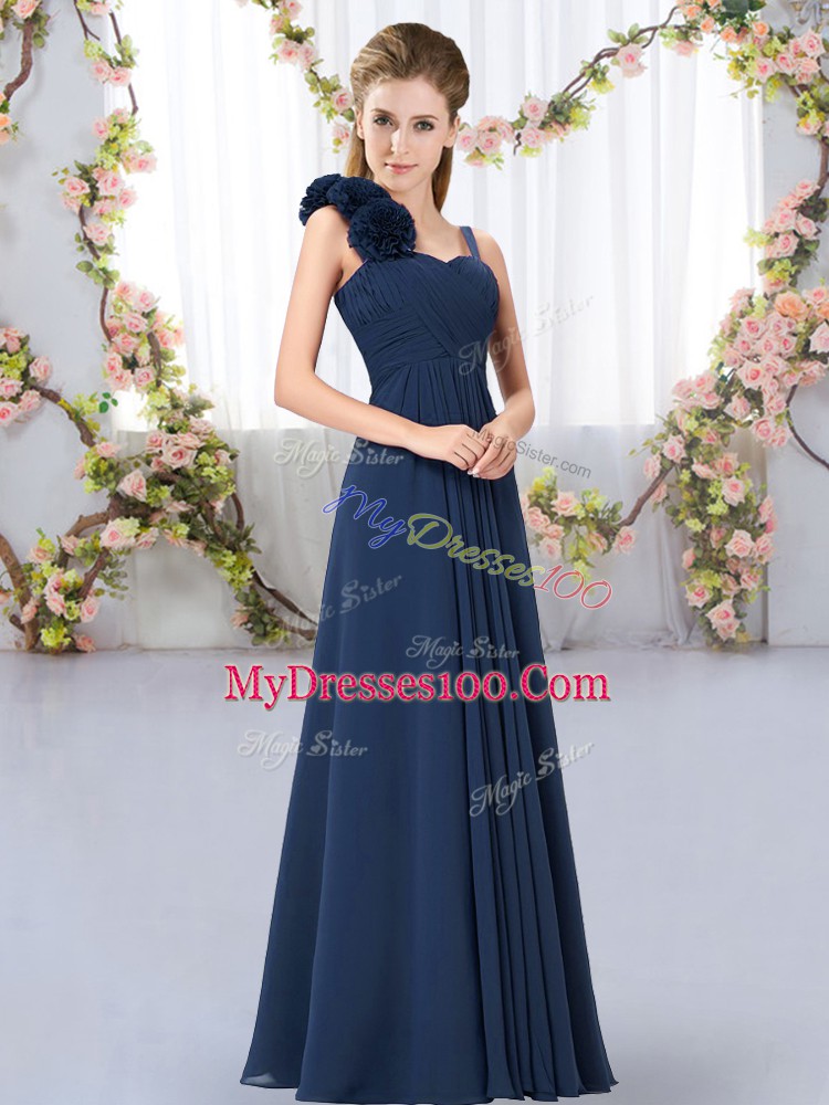 Straps Sleeveless Damas Dress Floor Length Hand Made Flower Navy Blue Chiffon
