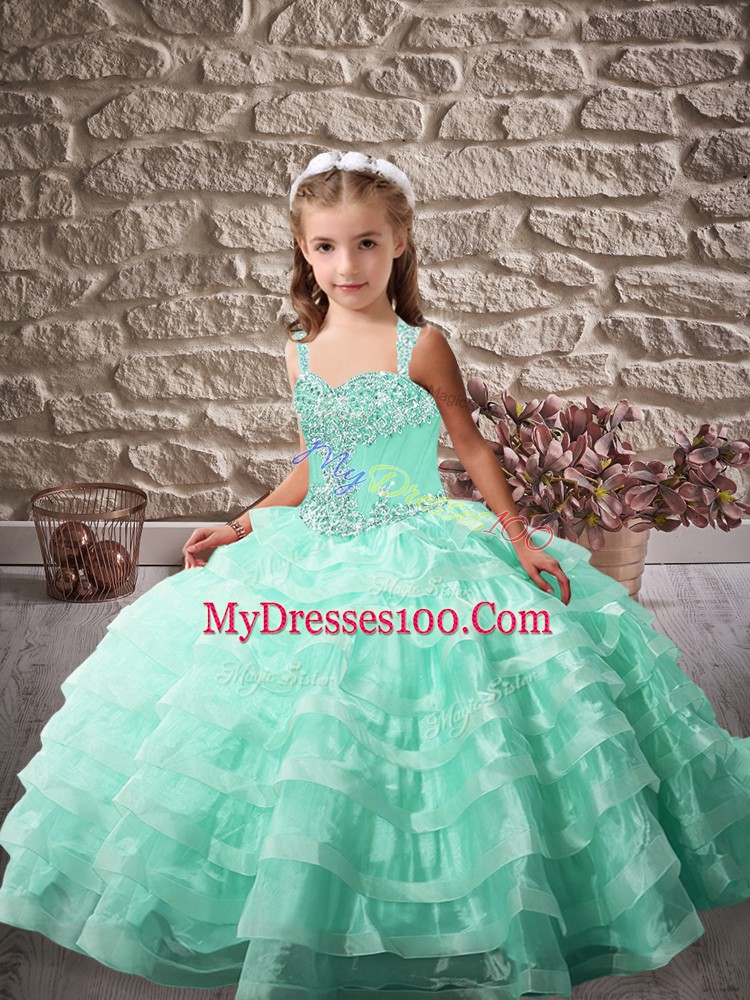 Straps Sleeveless Organza Kids Pageant Dress Beading and Ruffled Layers Brush Train Lace Up