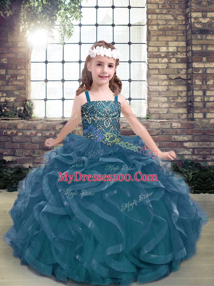 Floor Length Ball Gowns Sleeveless Blue Custom Made Pageant Dress Lace Up