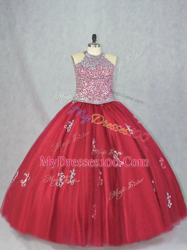 Sleeveless Tulle Floor Length Lace Up Vestidos de Quinceanera in Red with Beading and Appliques