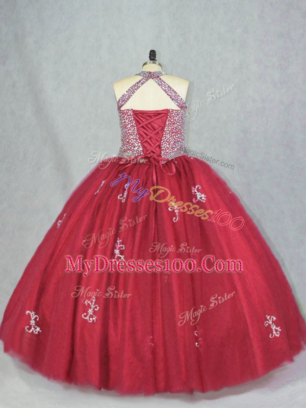 Sleeveless Tulle Floor Length Lace Up Vestidos de Quinceanera in Red with Beading and Appliques