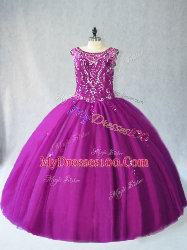 Scoop Sleeveless Tulle Quinceanera Gown Beading Lace Up