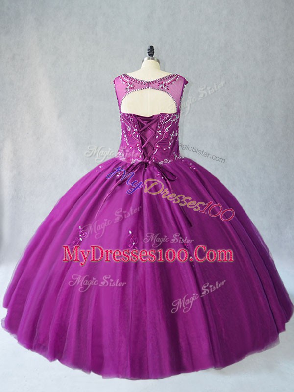 Scoop Sleeveless Tulle Quinceanera Gown Beading Lace Up