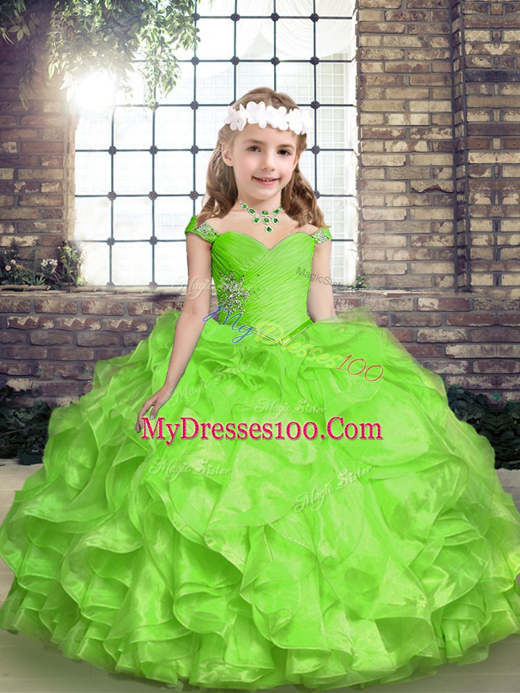 Pretty Organza Sleeveless Floor Length Girls Pageant Dresses and Beading and Ruffles and Ruching