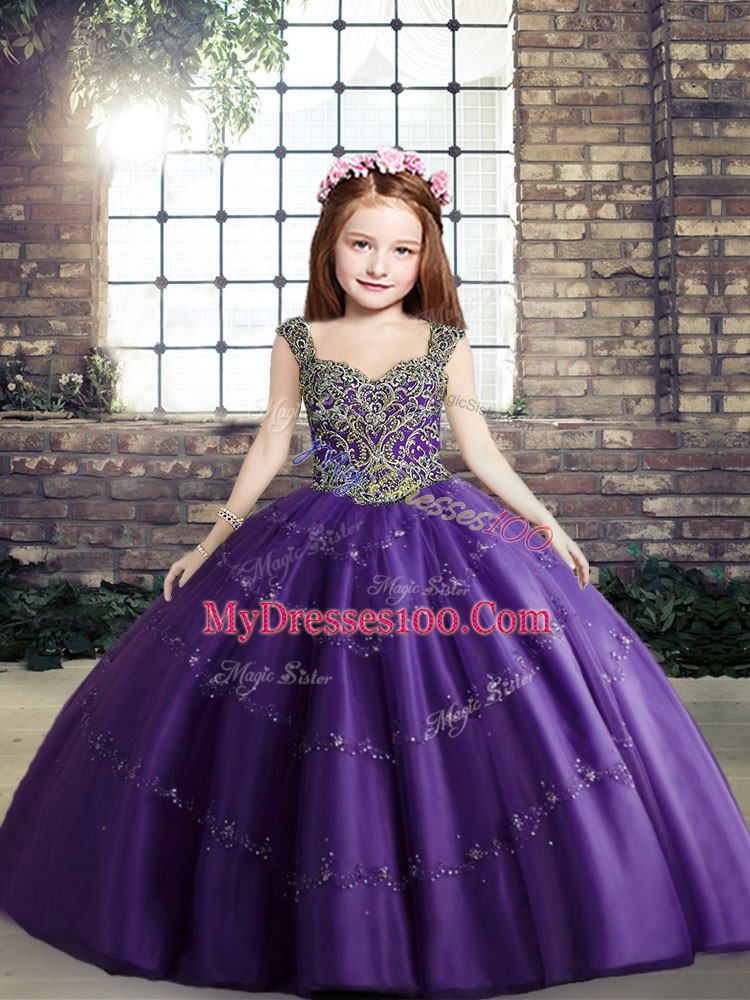 Fantastic Purple Lace Up Straps Beading Kids Formal Wear Tulle Sleeveless