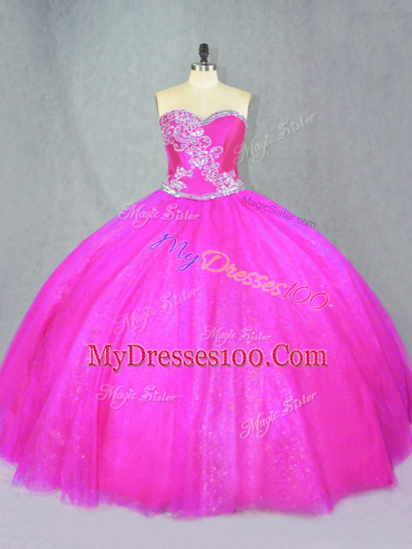Decent Sleeveless Tulle Floor Length Lace Up Sweet 16 Dresses in Fuchsia with Beading