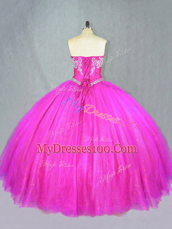 Decent Sleeveless Tulle Floor Length Lace Up Sweet 16 Dresses in Fuchsia with Beading