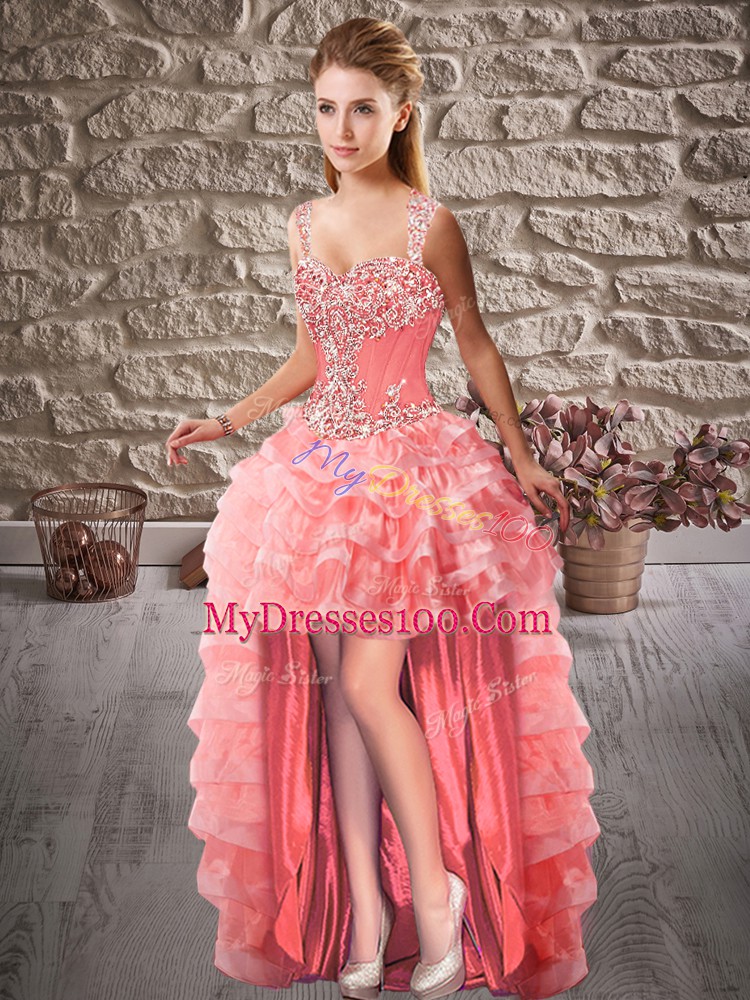 Beauteous Watermelon Red Lace Up Prom Gown Beading and Ruffled Layers Sleeveless High Low