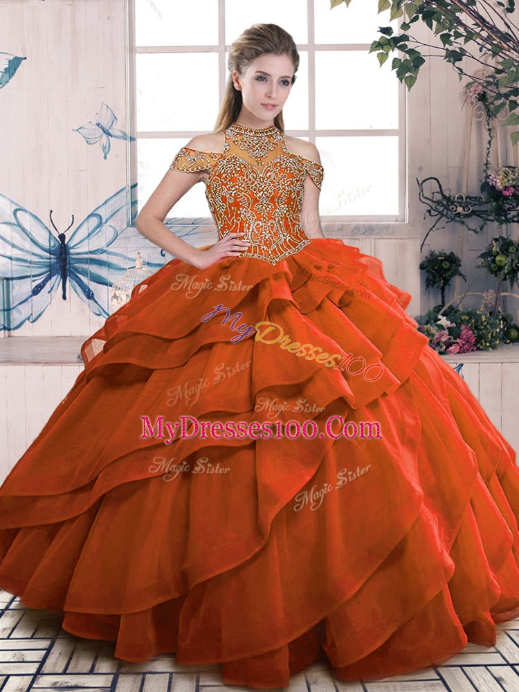 Floor Length Ball Gowns Sleeveless Orange Sweet 16 Dress Lace Up