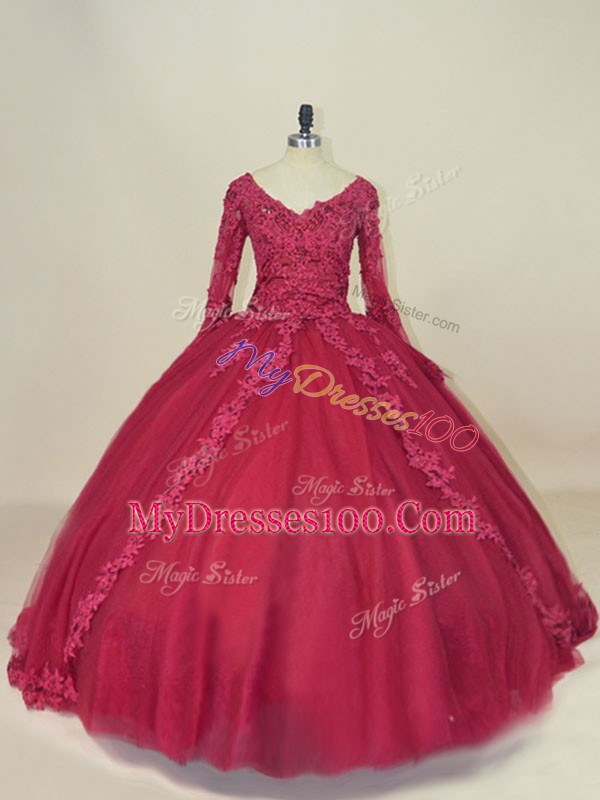 Designer Floor Length Red Sweet 16 Dress V-neck Long Sleeves Lace Up