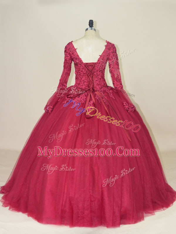 Designer Floor Length Red Sweet 16 Dress V-neck Long Sleeves Lace Up
