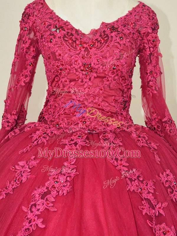 Designer Floor Length Red Sweet 16 Dress V-neck Long Sleeves Lace Up