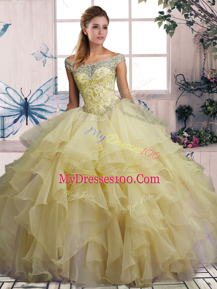 Yellow Off The Shoulder Lace Up Beading and Ruffles Quince Ball Gowns Sleeveless