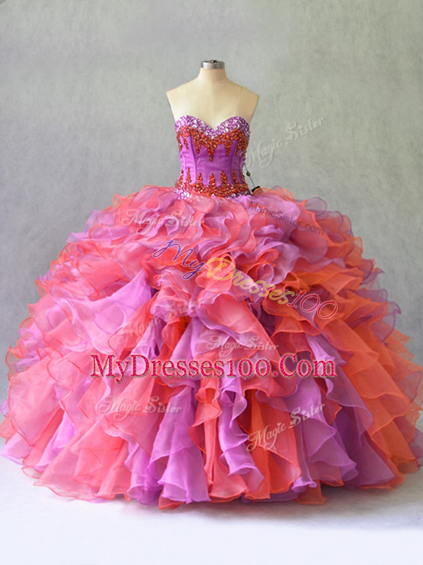 Spectacular Multi-color Sleeveless Floor Length Beading and Ruffles Lace Up Quinceanera Dress