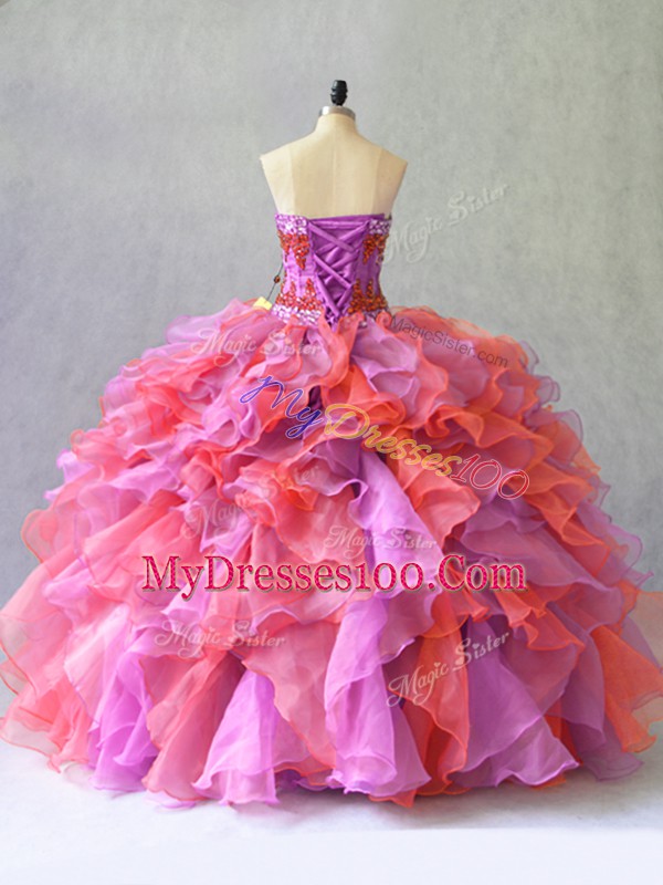 Spectacular Multi-color Sleeveless Floor Length Beading and Ruffles Lace Up Quinceanera Dress