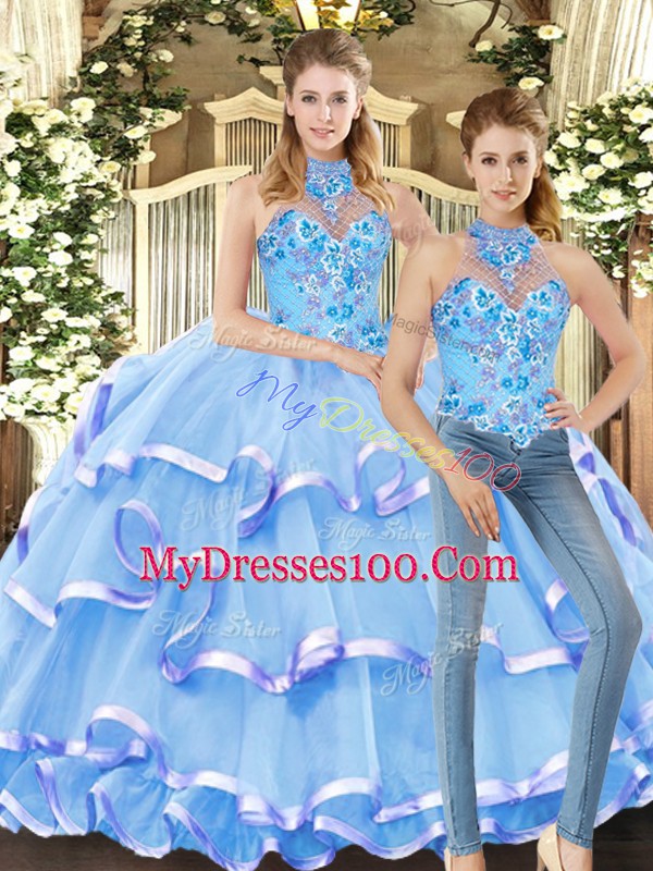 Blue Lace Up Quinceanera Gowns Embroidery and Ruffled Layers Sleeveless Floor Length